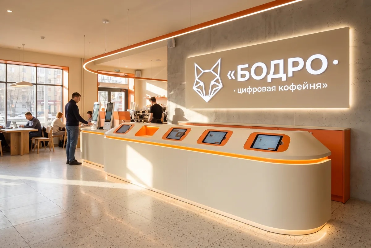 Интерьер цифровой кофейни «БОДРО»: изогнутая стойка, экраны самообслуживания, вывеска с лисой