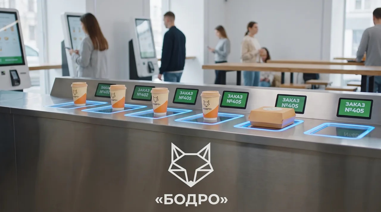 Кадр промо-видео «БОДРО»: стаканы на умной стойке выдачи с экранами заказов